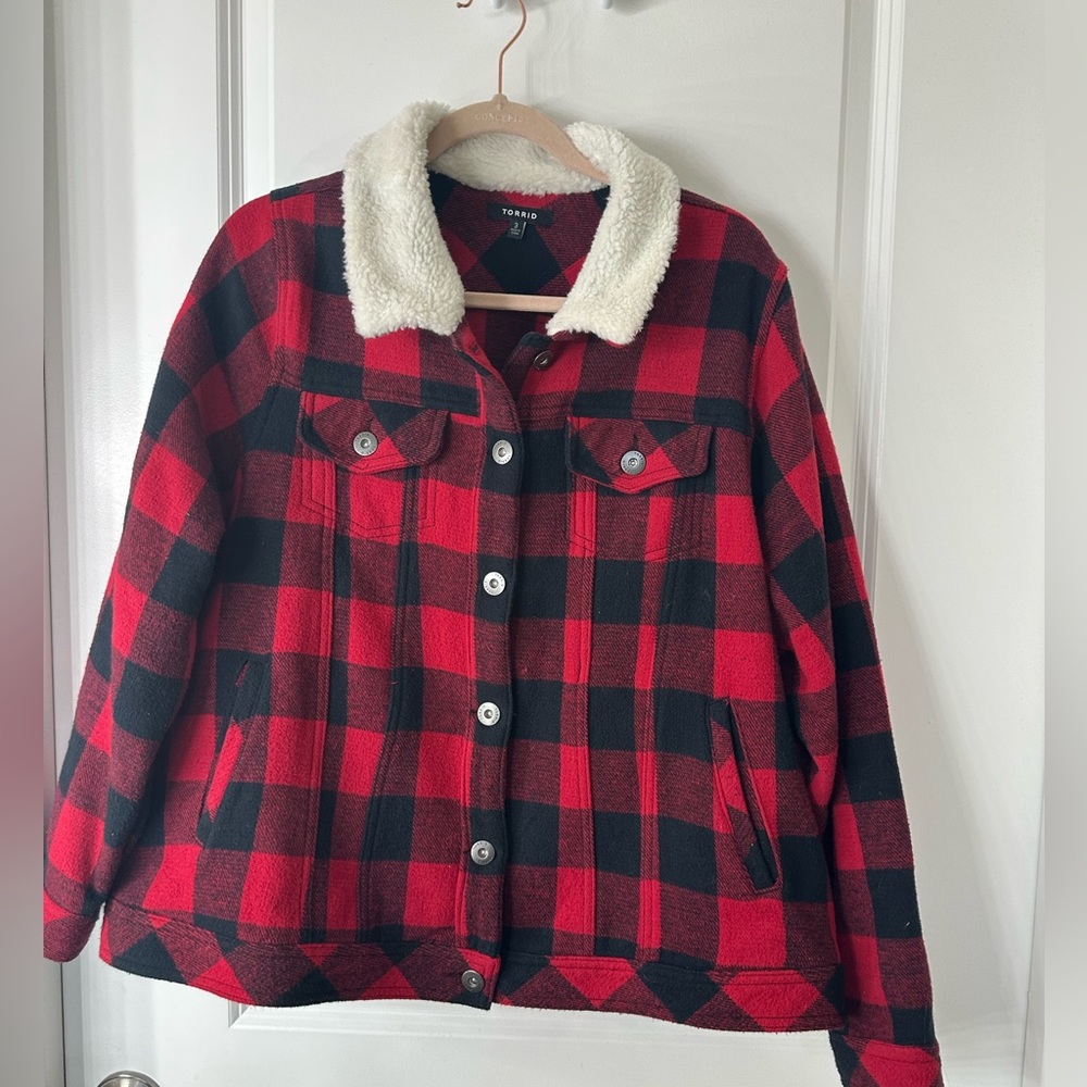 Plaid Red and Black Women's Jacket with Sherpa Collar